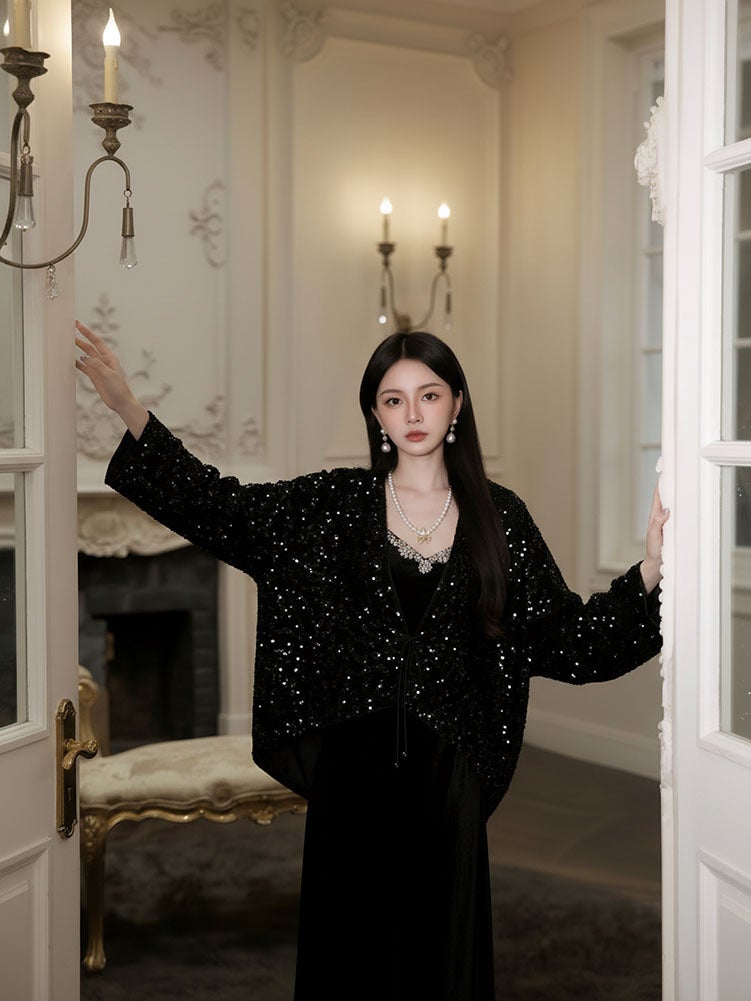 Yailla New Versatile Autumn/Winter Chinese Style Suit Elegant and Retro-Chic Look High-End Sequined Heavy Embroidery Top V-Neck Cotton Coat + Slip Dress Niche Design Tang Coat Suit - Image 2